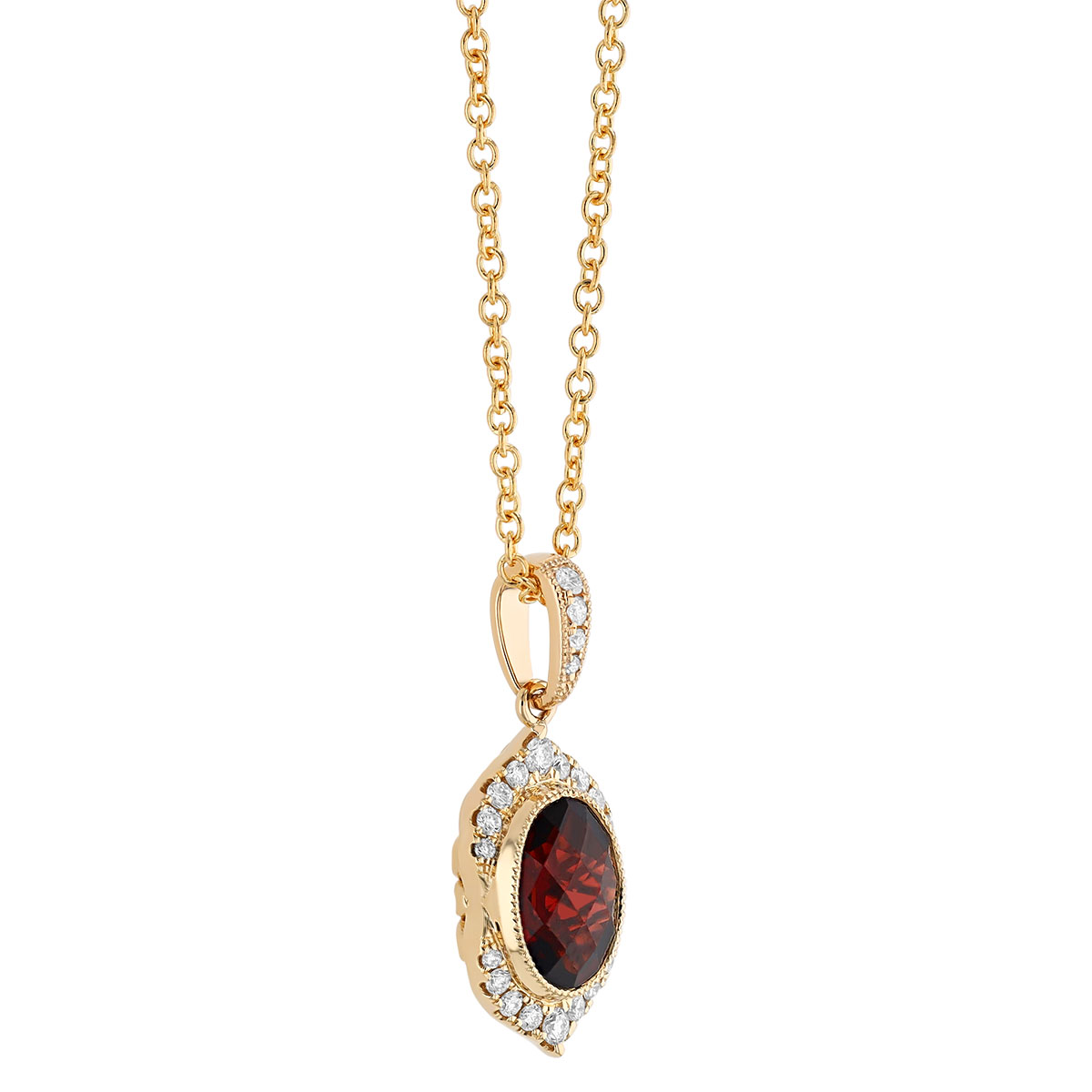 Oval Checkerboard Garnet & Diamond Split Halo Pendant in Yellow Gold, 18