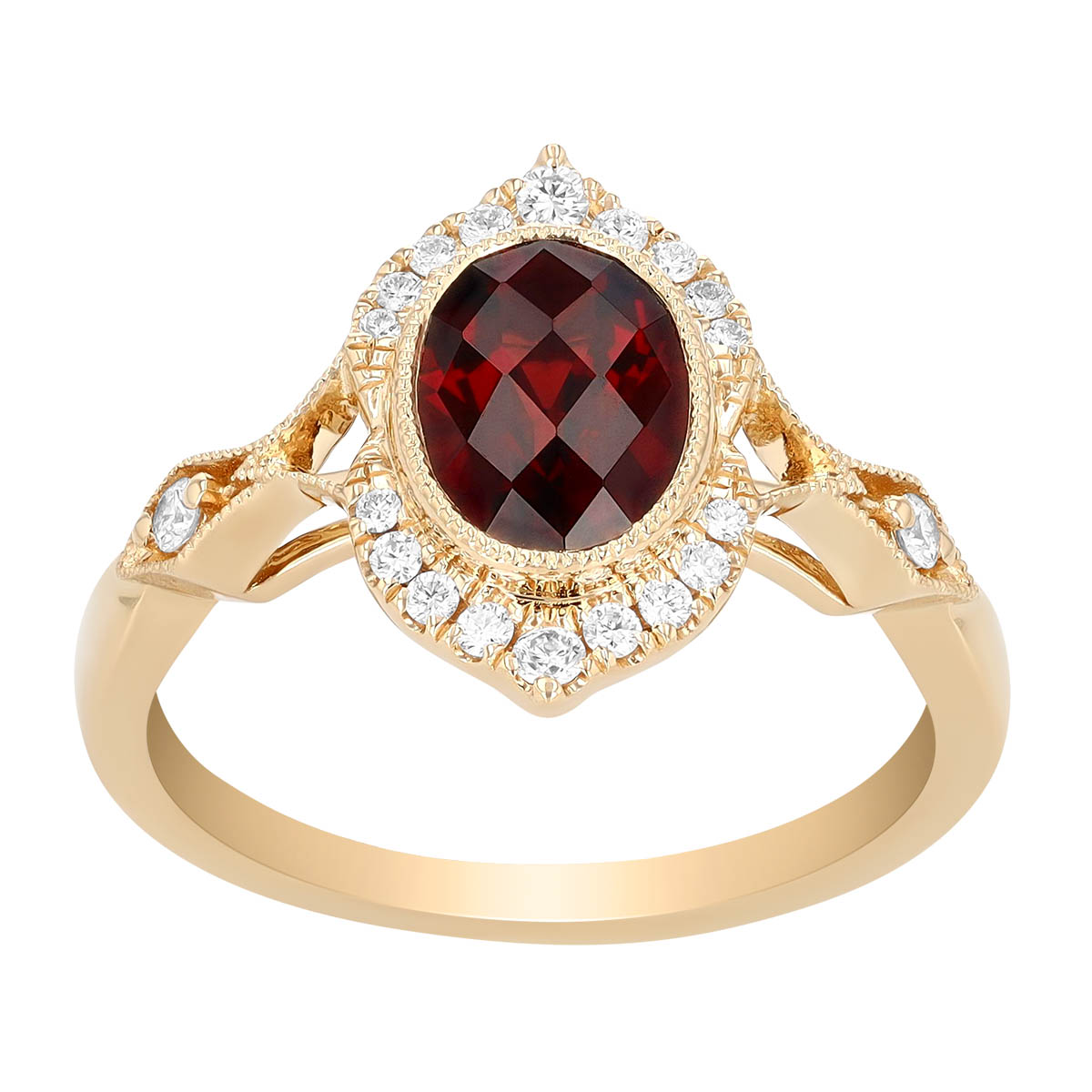 Oval Checkerboard Garnet & Diamond Split Halo in Yellow Gold