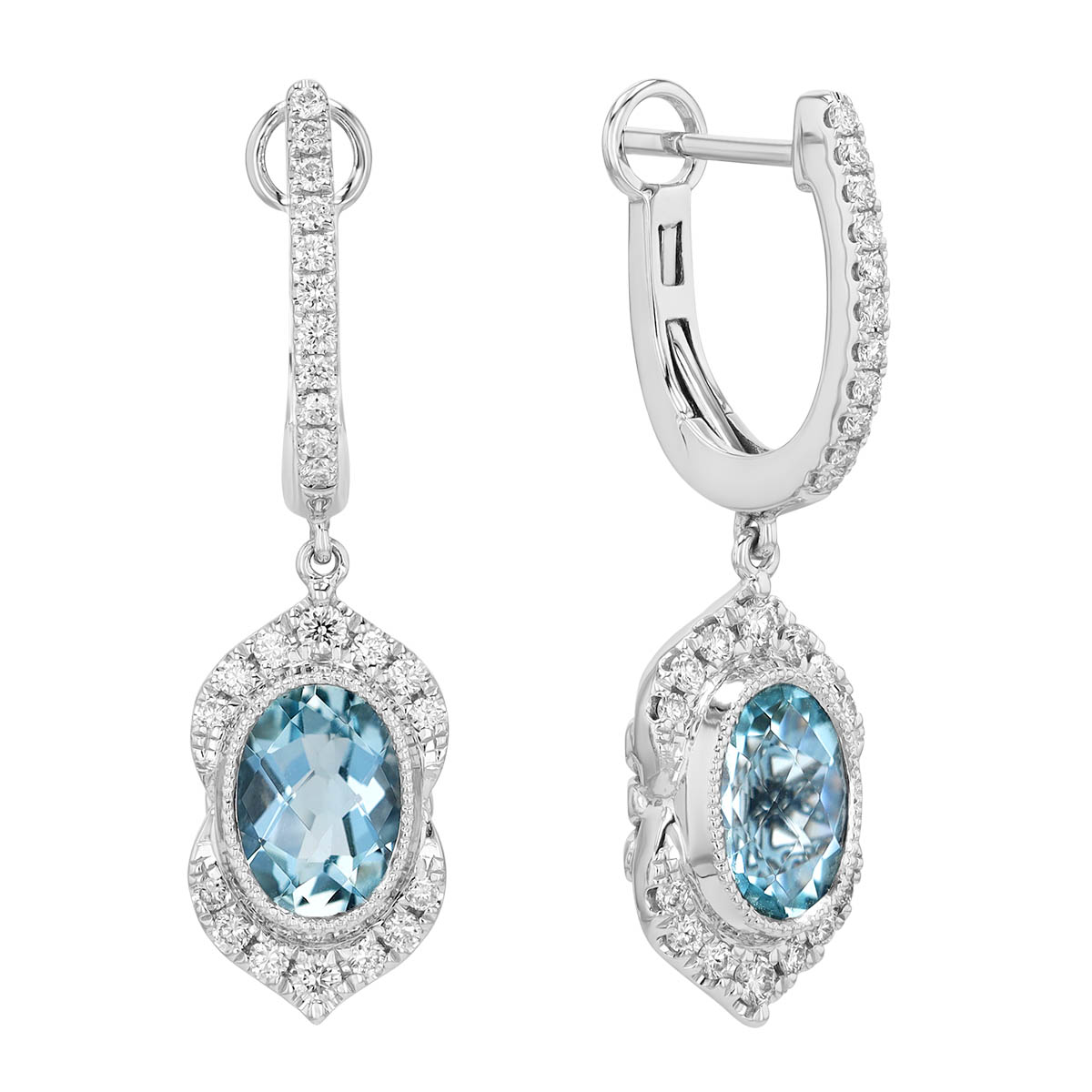 Oval Aquamarine & Diamond Split Halo Huggie Hoop Dangle Earrings in White Gold