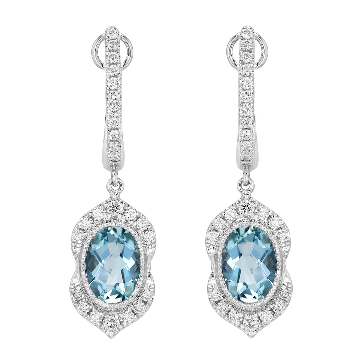 Oval Aquamarine & Diamond Split Halo Huggie Hoop Dangle Earrings in White Gold