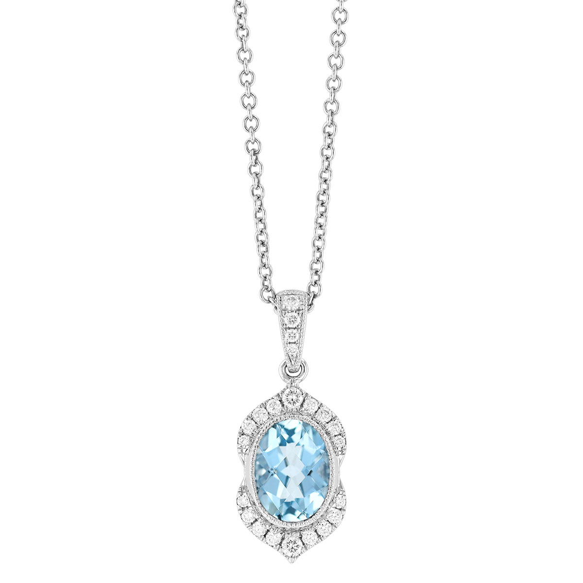 Oval Checkerboard Aquamarine & Diamond Split Halo Pendant in White Gold, 18