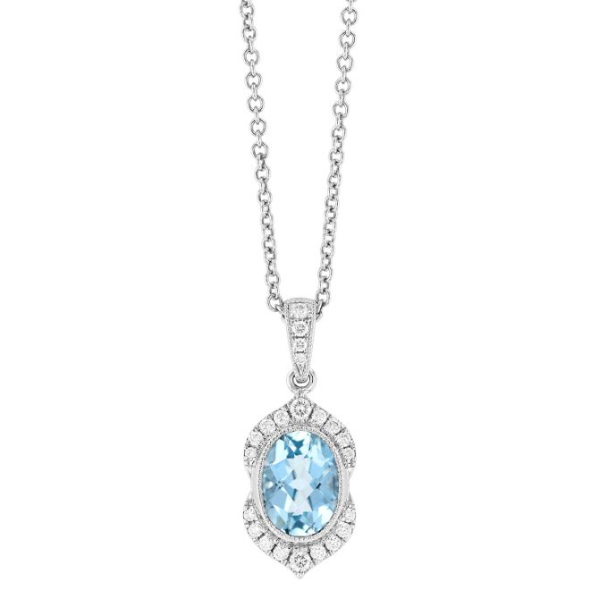 Oval Checkerboard Aquamarine & Diamond Split Halo Pendant in White Gold, 18"
