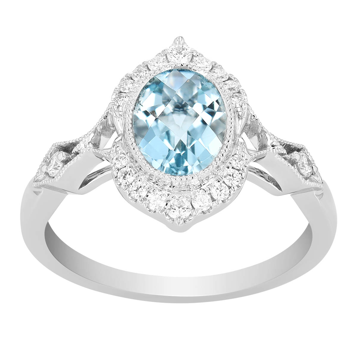 Oval Checkerboard Aquamarine & Diamond Split Halo in White Gold