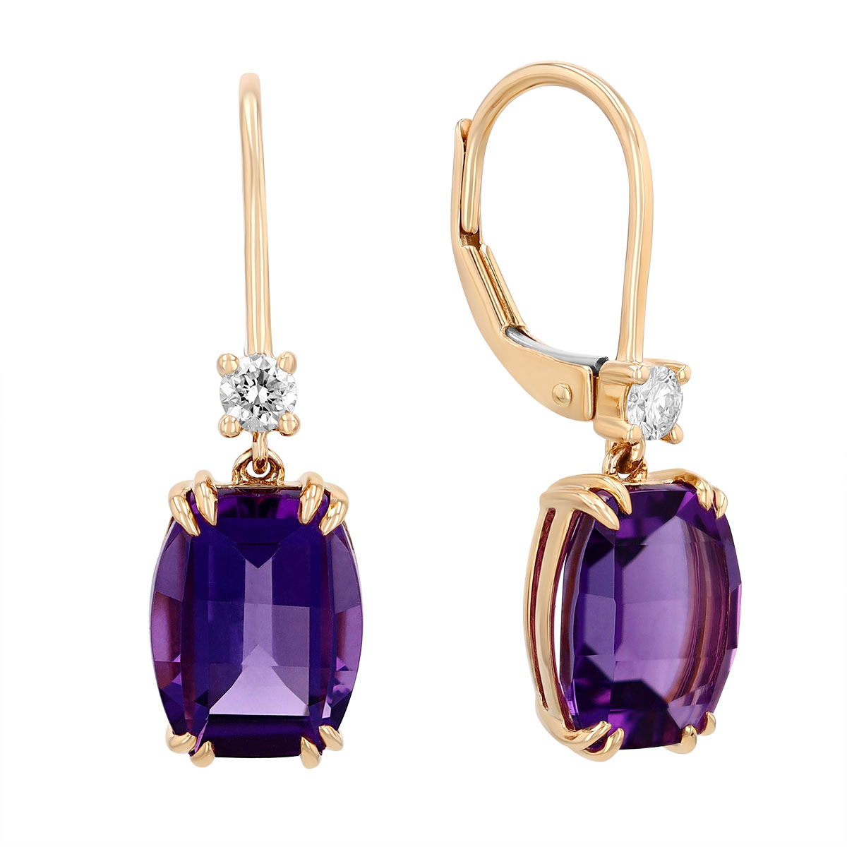 Amethyst & Diamond Drop Hoop Earrings in Yellow Gold