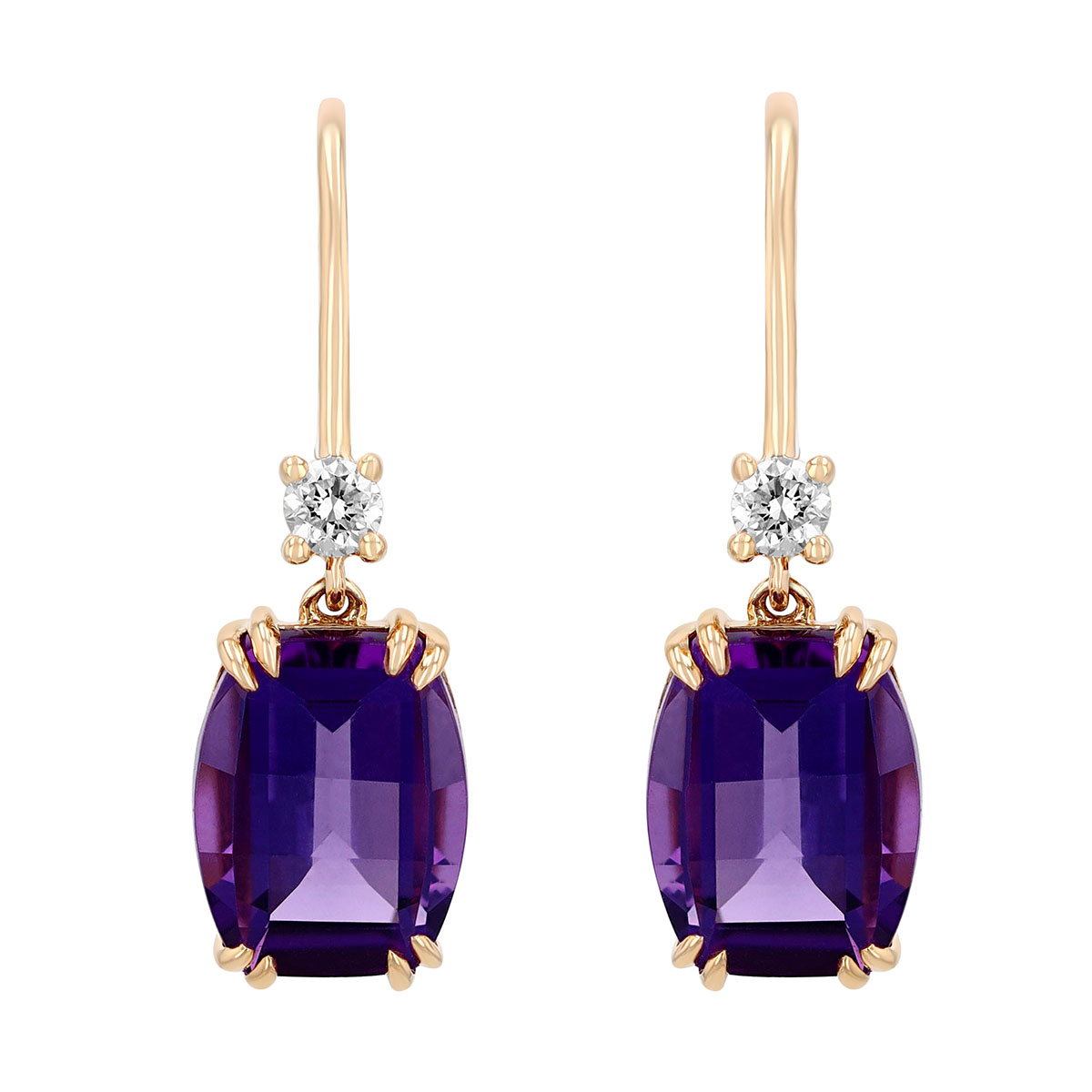 Amethyst & Diamond Drop Hoop Earrings in Yellow Gold