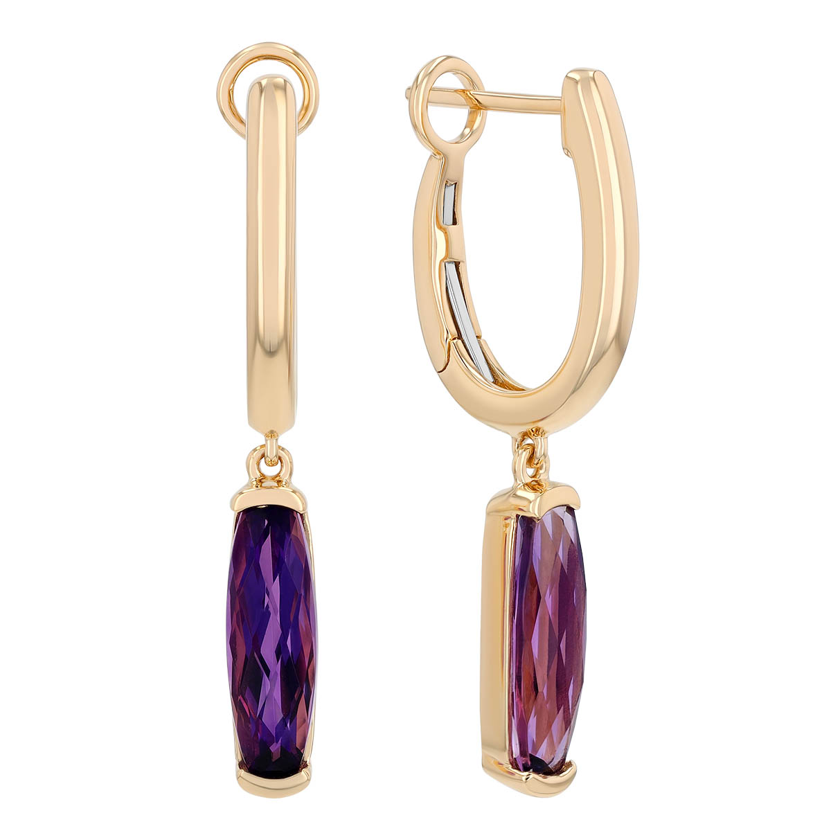 Elongated Cushion Cut Checkerboard Amethyst Huggie Hoop Dangle Earrings in Yellow Gold