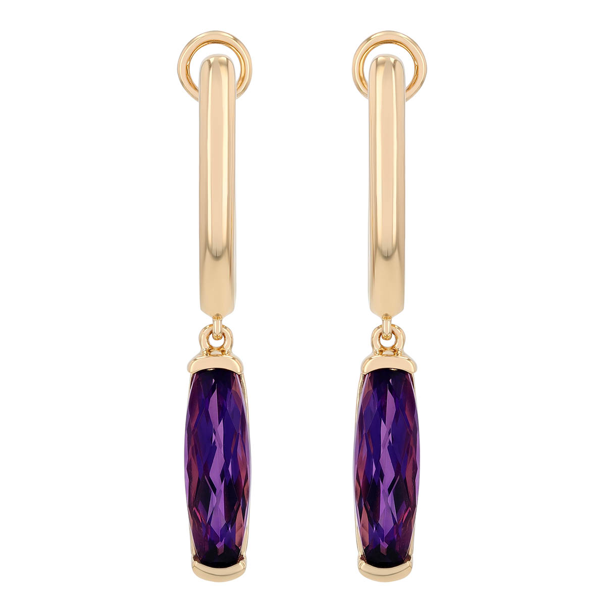 Elongated Cushion Cut Checkerboard Amethyst Huggie Hoop Dangle Earrings in Yellow Gold