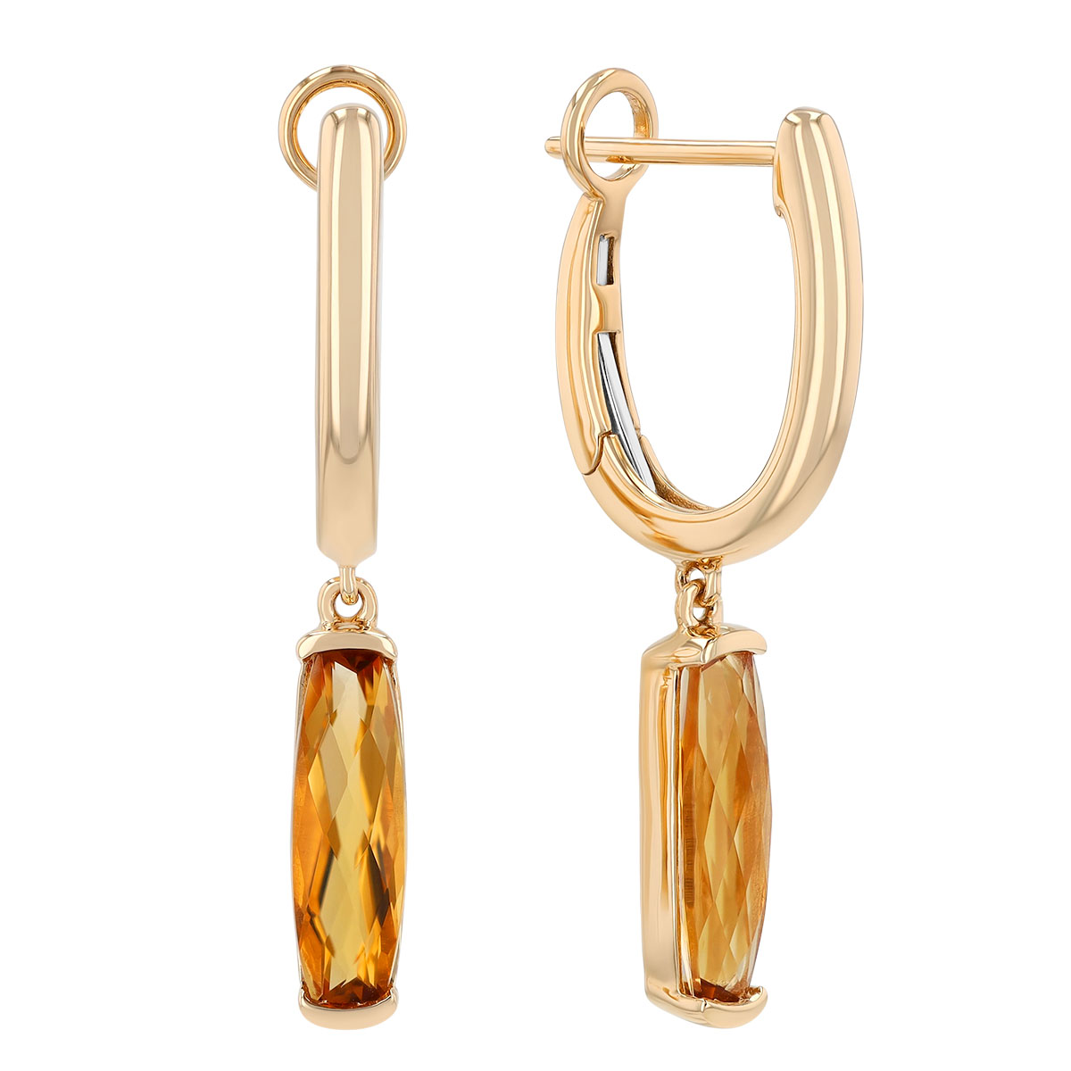 Elongated Cushion Cut Citrine Huggie Hoop Dangle Earrings in Yellow Gold