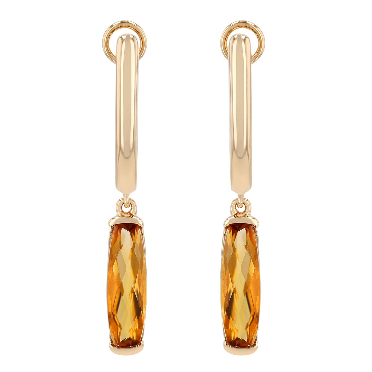 Elongated Cushion Cut Citrine Huggie Hoop Dangle Earrings in Yellow Gold