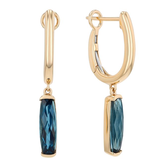 Elongated Cushion Cut Checkerboard Topaz Huggie Hoop Dangle Earrings in Yellow Gold