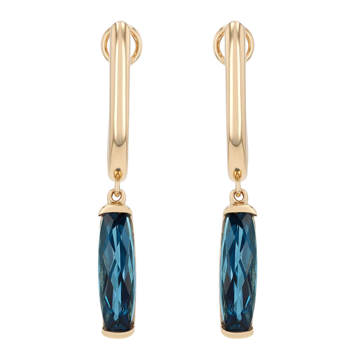 Elongated Cushion Cut Checkerboard Topaz Huggie Hoop Dangle Earrings in Yellow Gold