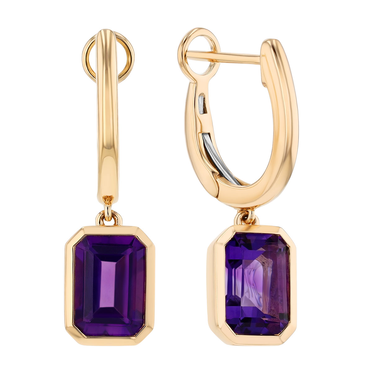 Bezel Set Emerald Cut Amethyst Dangle Huggie Hoop Earrings in Yellow Gold
