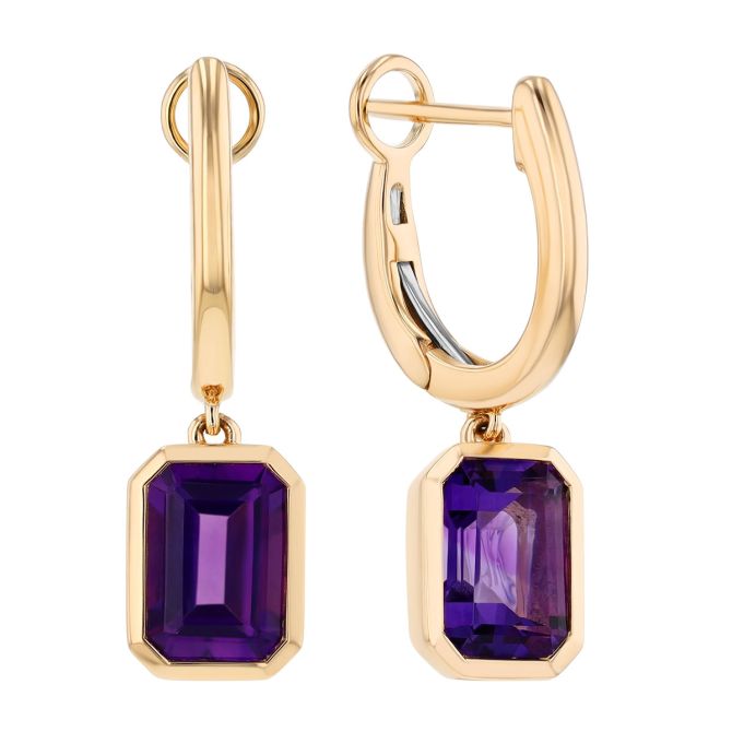 Bezel Set Emerald Cut Amethyst Dangle Huggie Hoop Earrings in Yellow Gold