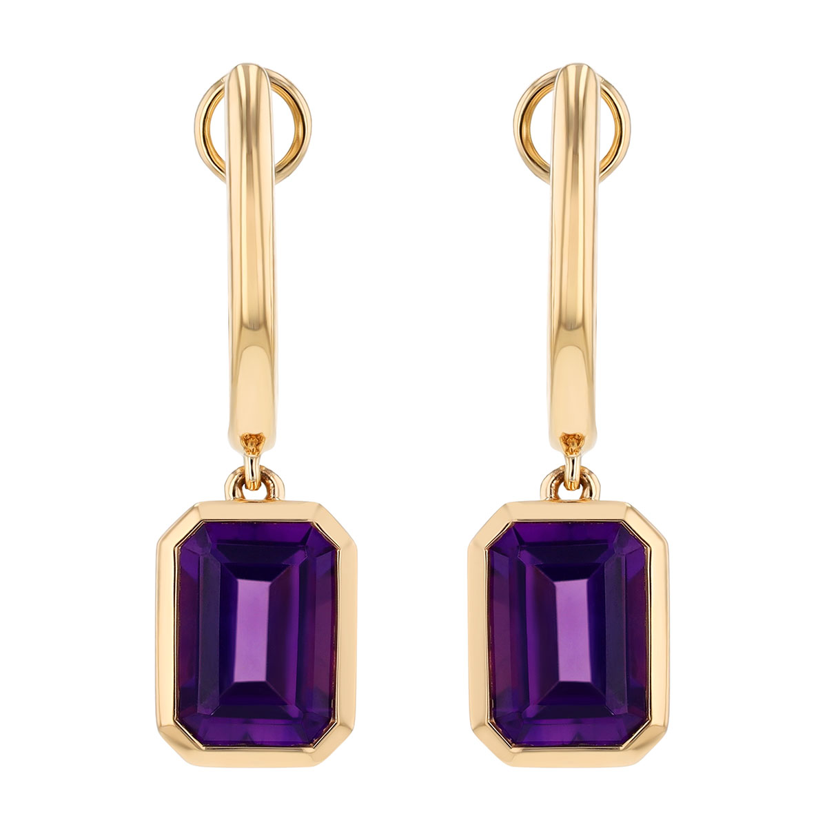 Bezel Set Emerald Cut Amethyst Dangle Huggie Hoop Earrings in Yellow Gold