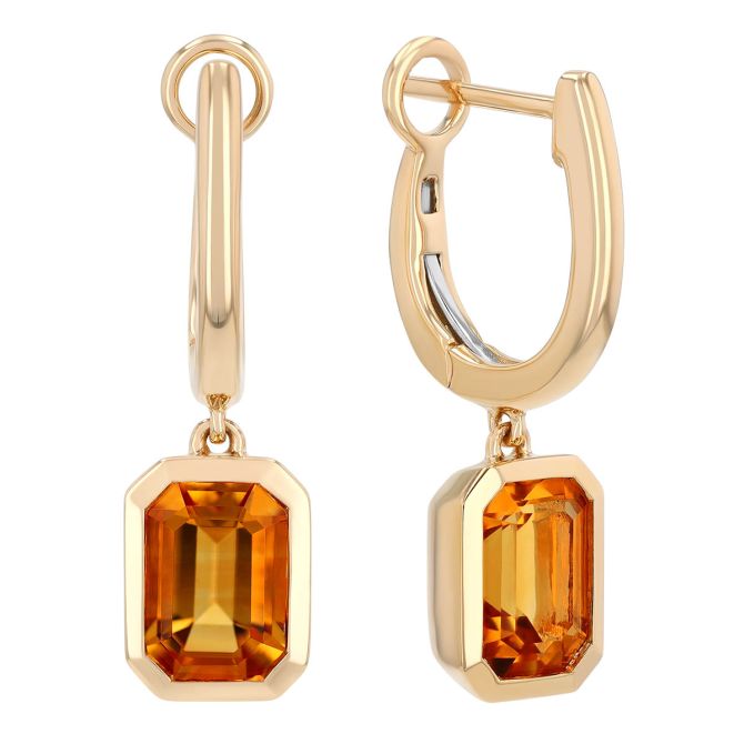 Bezel Set Emerald Cut Citrine Huggie Hoop Dangle Earrings in Yellow Gold