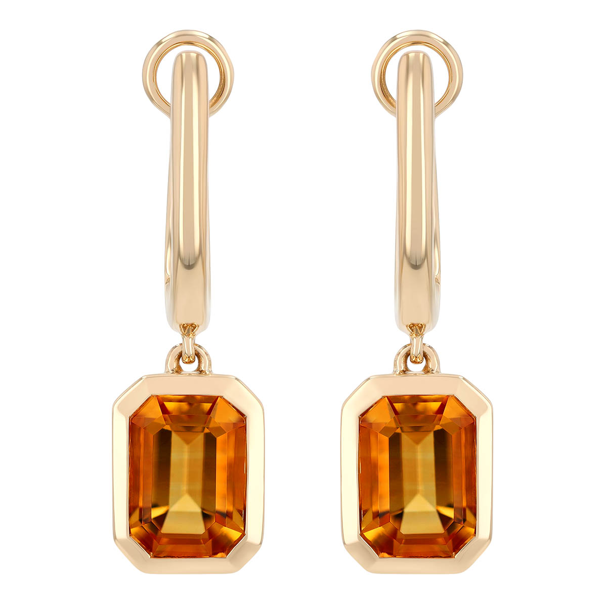 Bezel Set Emerald Cut Citrine Huggie Hoop Dangle Earrings in Yellow Gold