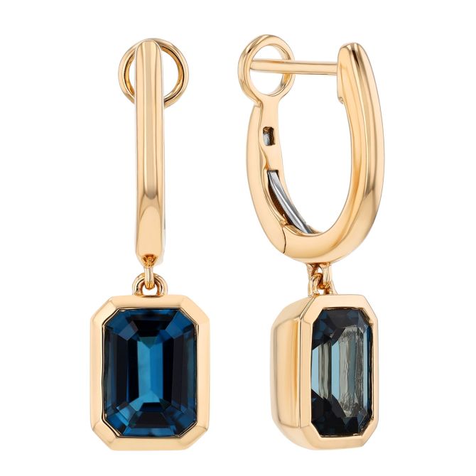 Bezel Set Emerald Cut Topaz Dangle Huggie Hoop Earrings in Yellow Gold