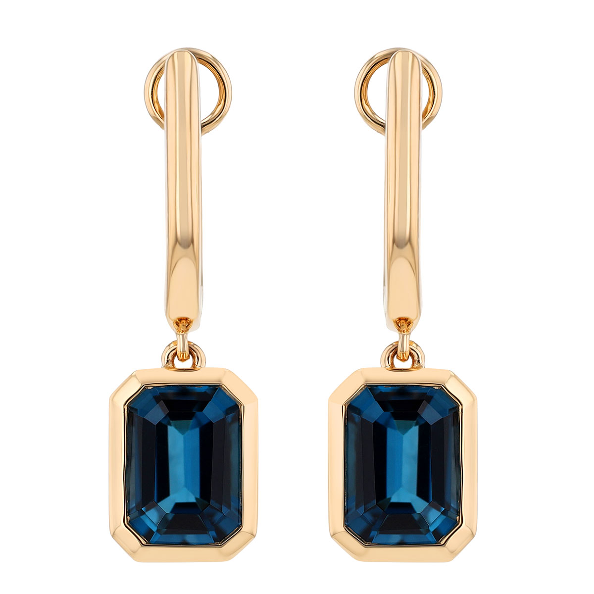 Bezel Set Emerald Cut Topaz Dangle Huggie Hoop Earrings in Yellow Gold