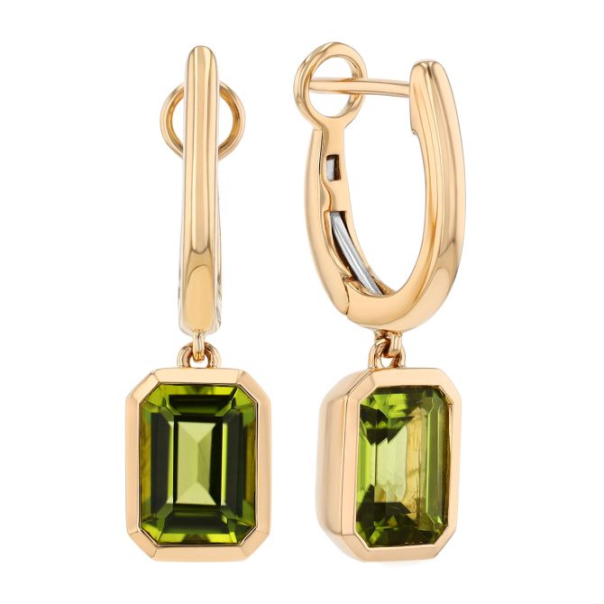 Bezel Set Emerald Cut Peridot Dangle Huggie Hoop Earrings in Yellow Gold