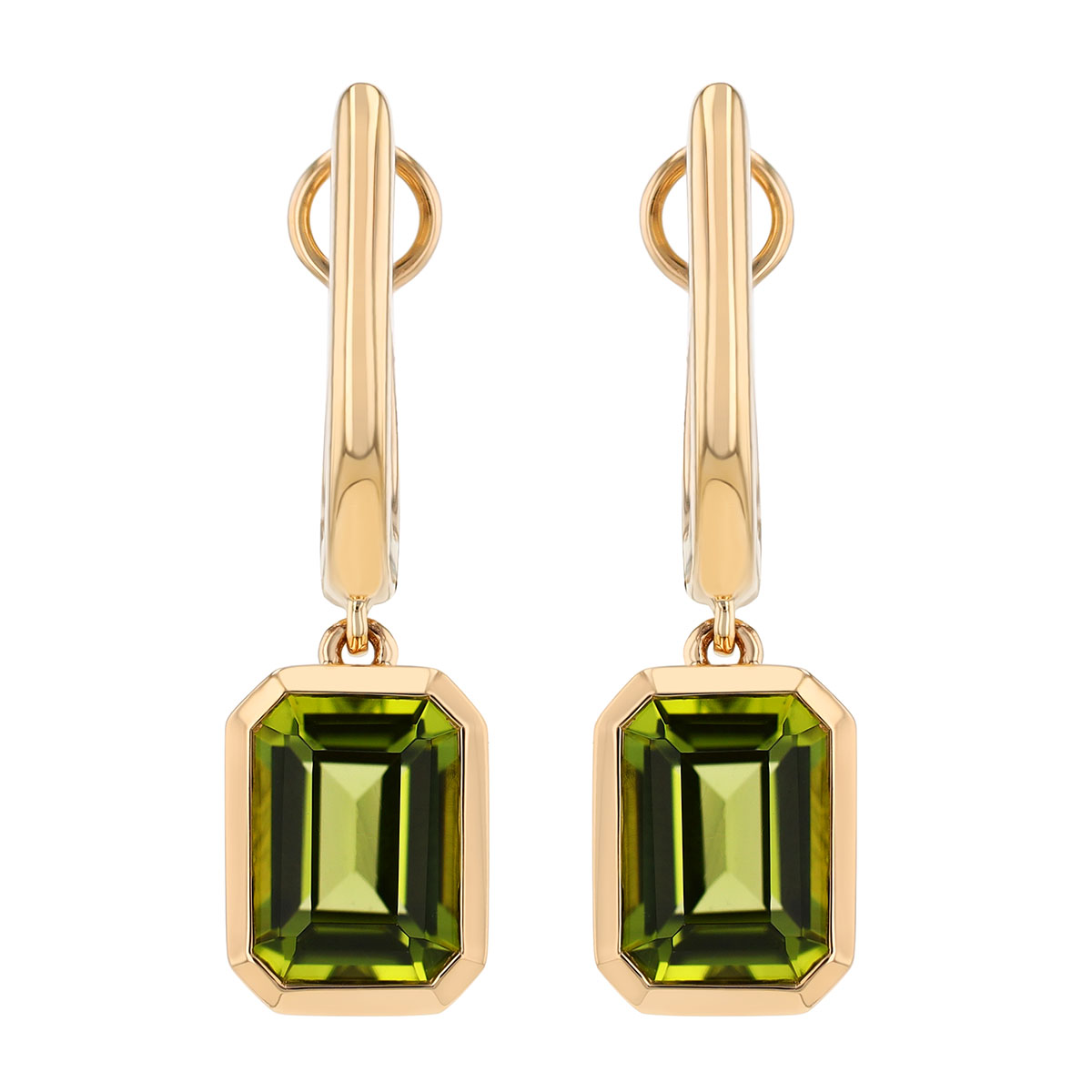 Bezel Set Emerald Cut Peridot Dangle Huggie Hoop Earrings in Yellow Gold