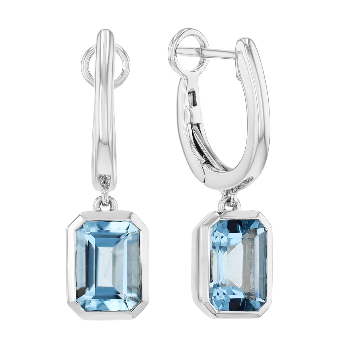 Bezel Set Emerald Cut Aquamarine Huggie Hoop Dangle Earrings in White Gold