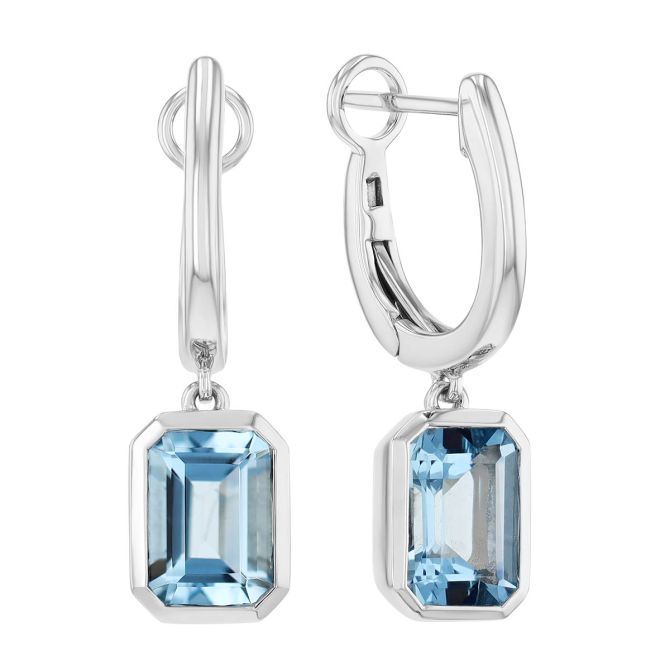 Bezel Set Emerald Cut Aquamarine Huggie Hoop Dangle Earrings in White Gold