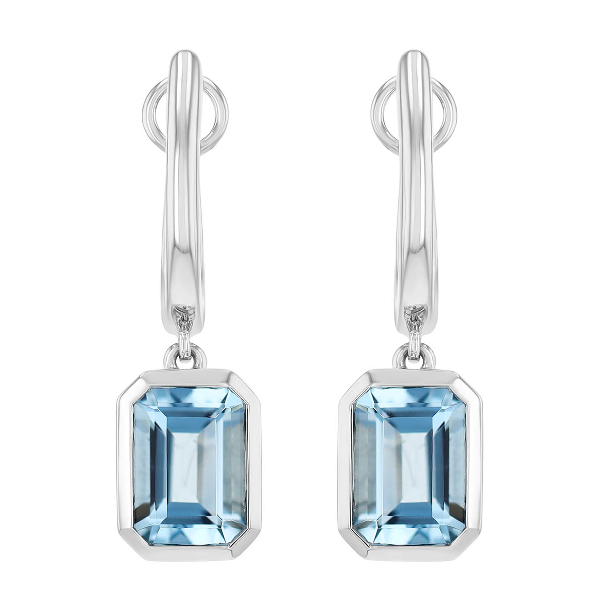 Bezel Set Emerald Cut Aquamarine Huggie Hoop Dangle Earrings in White Gold