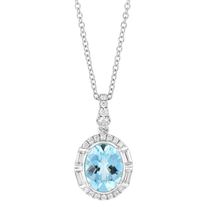 Oval Checkerboard Aquamarine & Multi-Shape Diamond Halo Pendant in White Gold, 18"