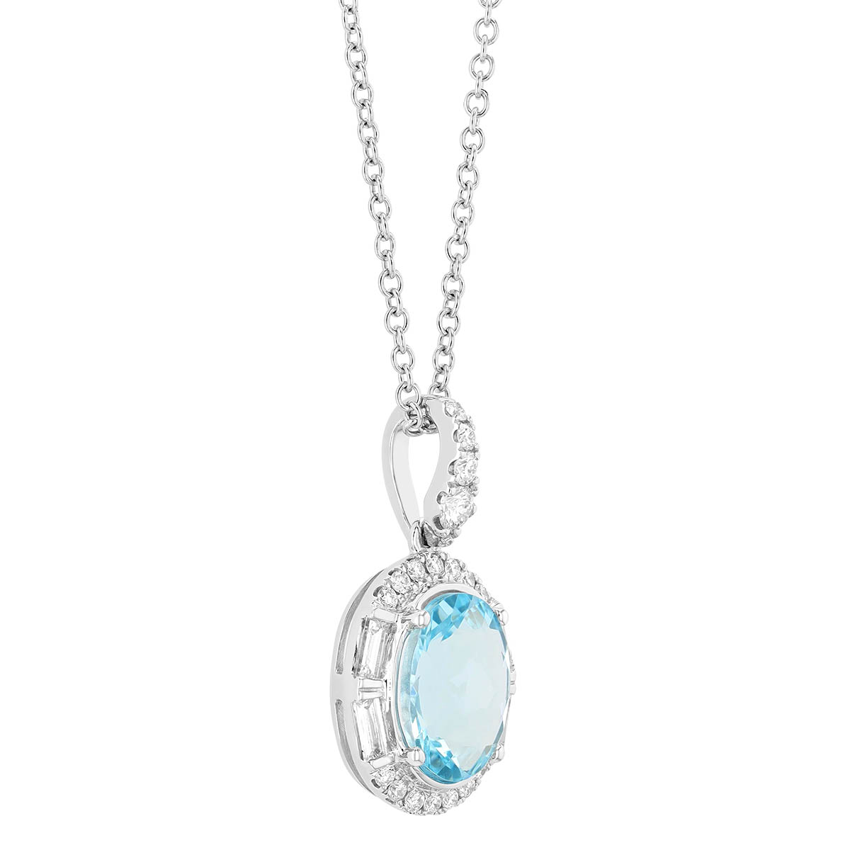 Oval Checkerboard Aquamarine & Multi-Shape Diamond Halo Pendant in White Gold, 18