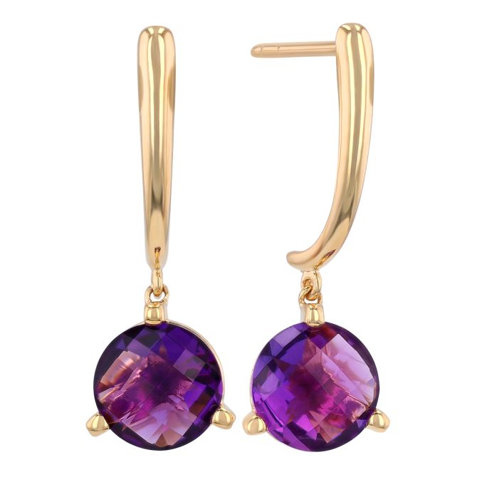 Round Checkerboard Amethyst Dangle Earrings in Yellow Gold