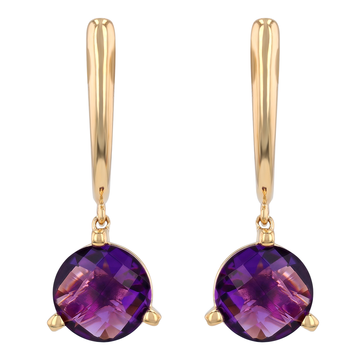 Round Checkerboard Amethyst Dangle Earrings in Yellow Gold