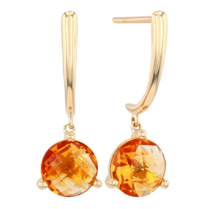 Round Checkerboard Citrine Dangle Earrings in Yellow Gold