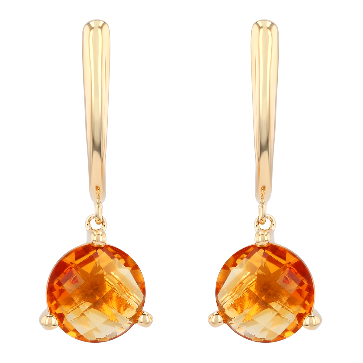 Round Checkerboard Citrine Dangle Earrings in Yellow Gold