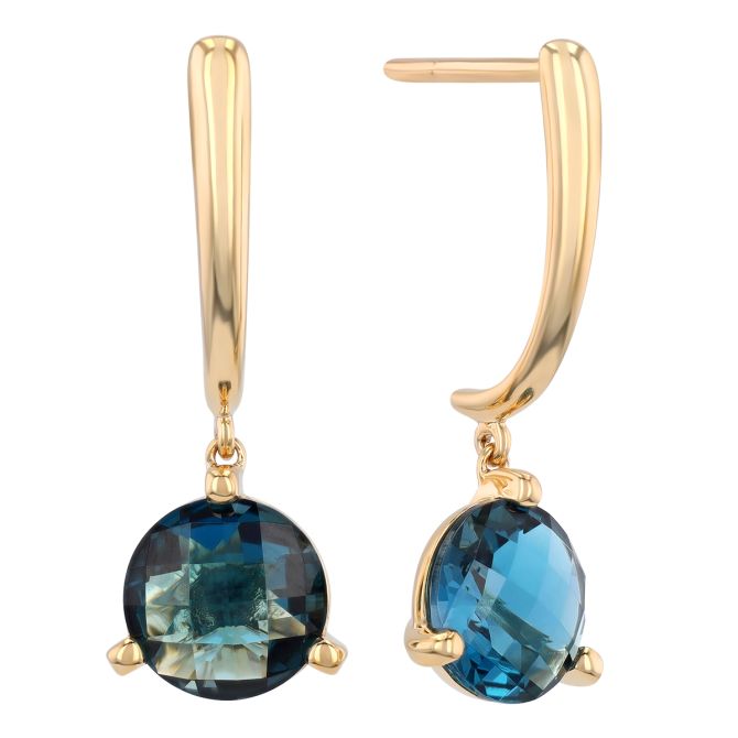 Round Checkerboard Blue Topaz Dangle Earrings in Yellow Gold