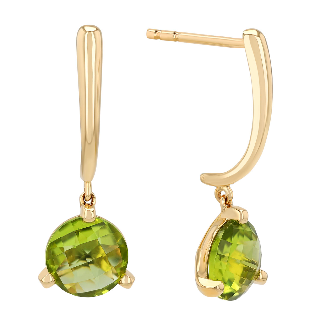 Round Checkerboard Peridot Dangle Earrings in Yellow Gold