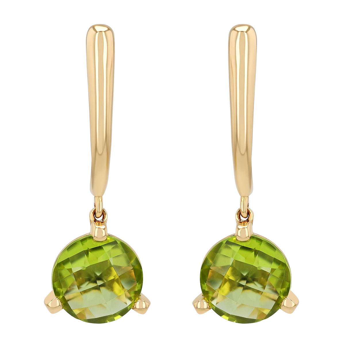 Round Checkerboard Peridot Dangle Earrings in Yellow Gold