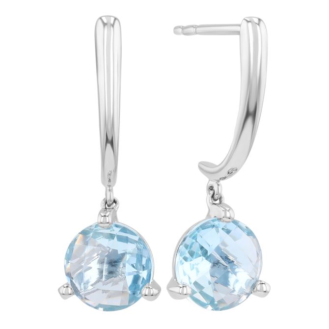 Round Checkerboard Aquamarine Dangle Earrings in White Gold