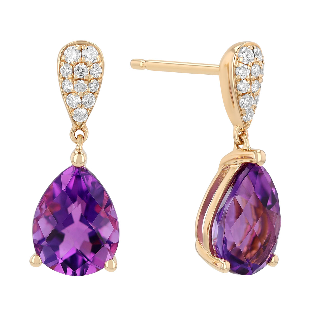 Pear Shape Amethyst & Diamond Pavé Dangle Earrings in Yellow Gold