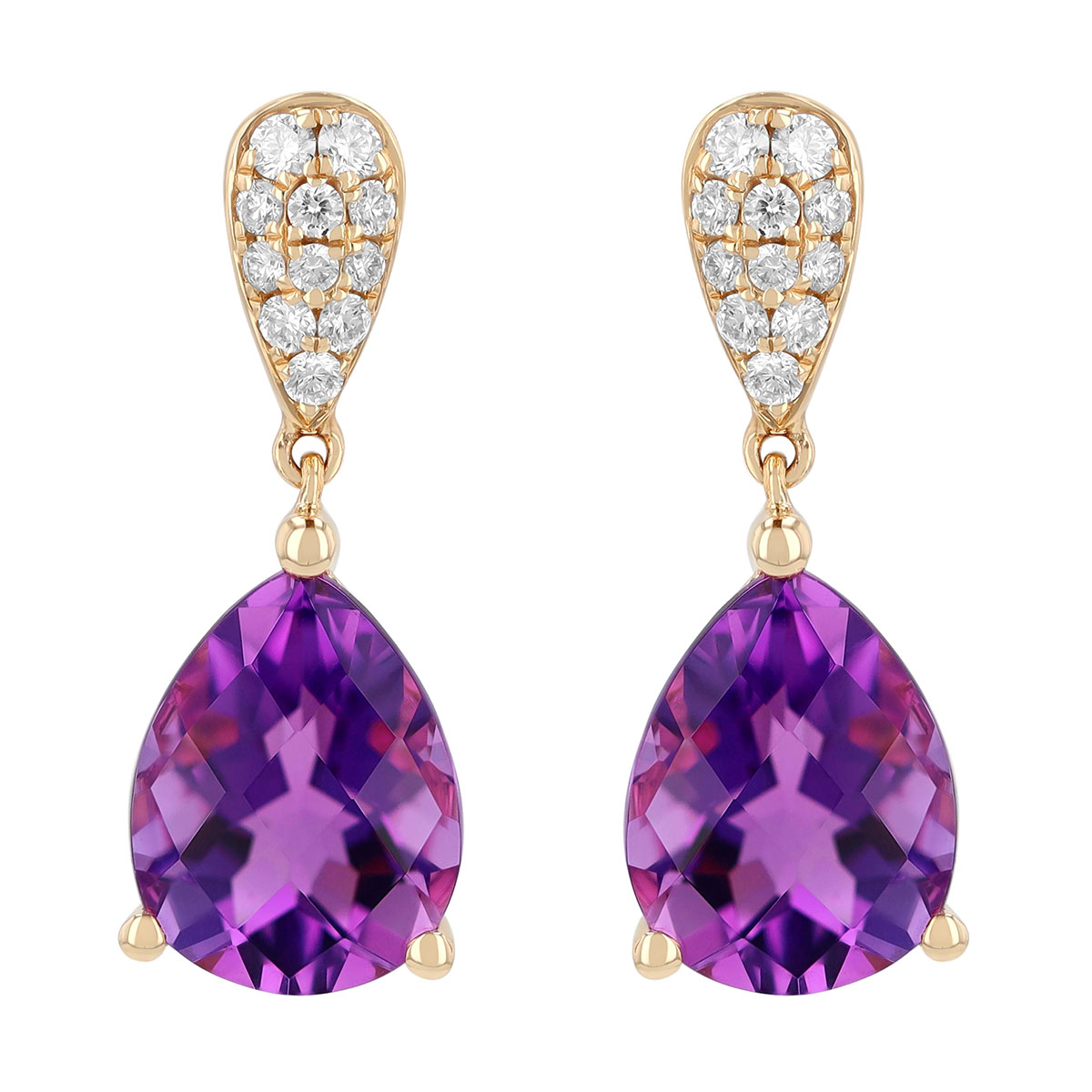 Pear Shape Amethyst & Diamond Pavé Dangle Earrings in Yellow Gold