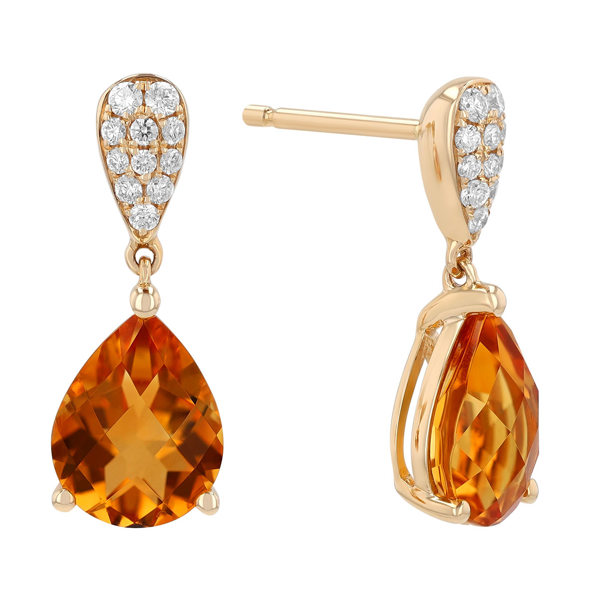 Pear Shape Citrine & Diamond Pavé Dangle Earrings in Yellow Gold