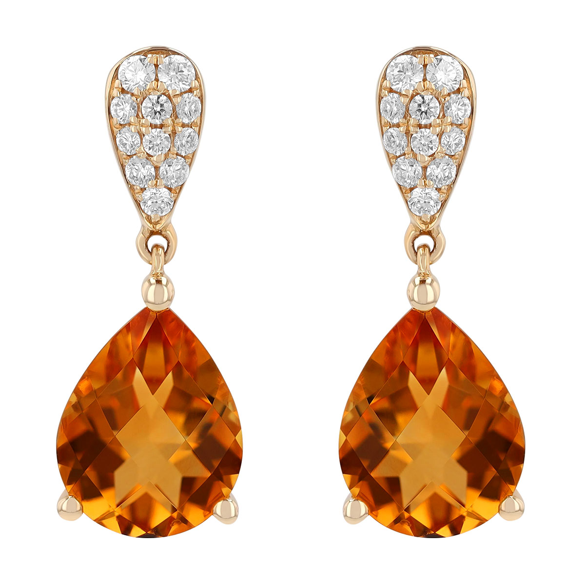 Pear Shape Citrine & Diamond Pavé Dangle Earrings in Yellow Gold