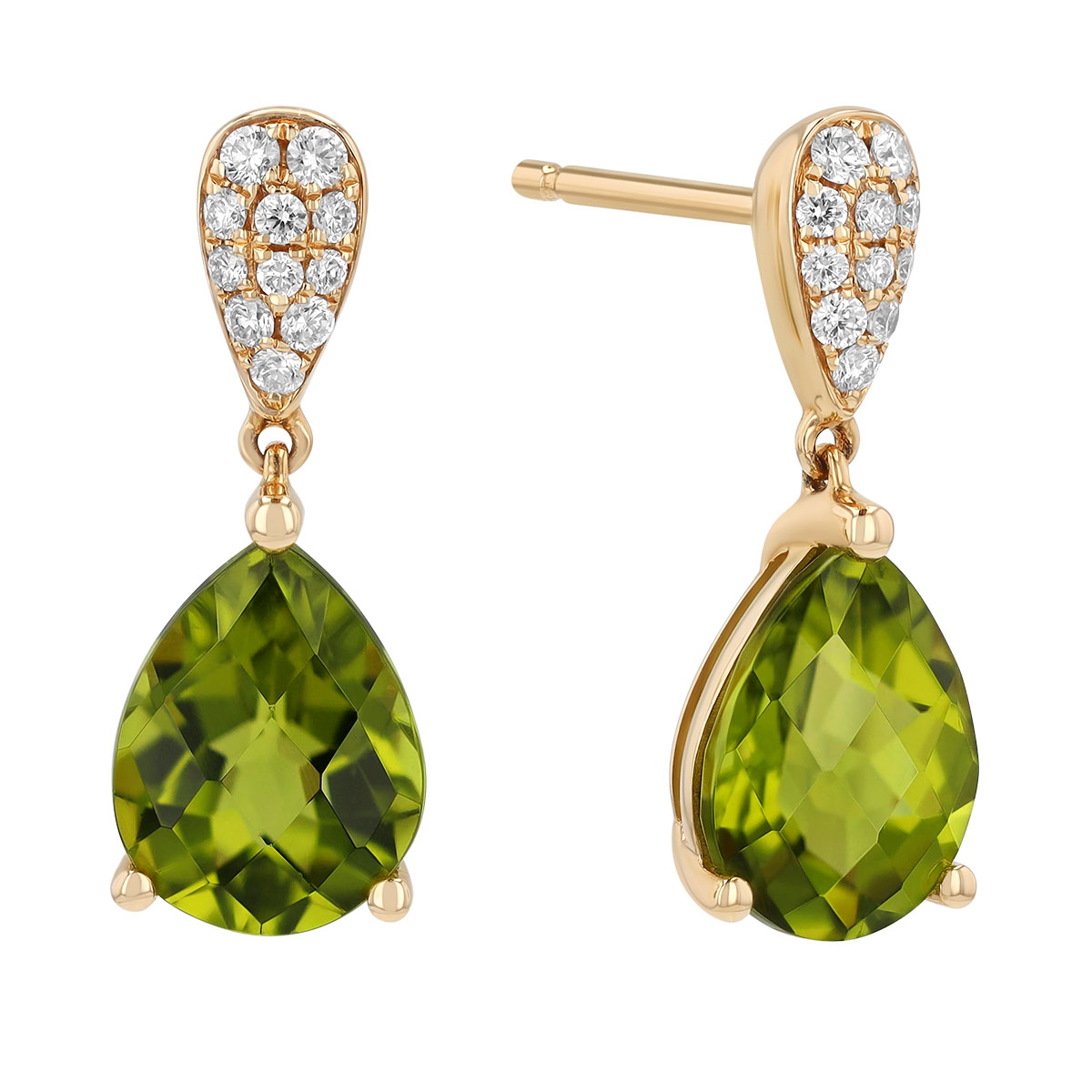Pear Shape Peridot & Diamond Pavé Dangle Earrings in Yellow Gold
