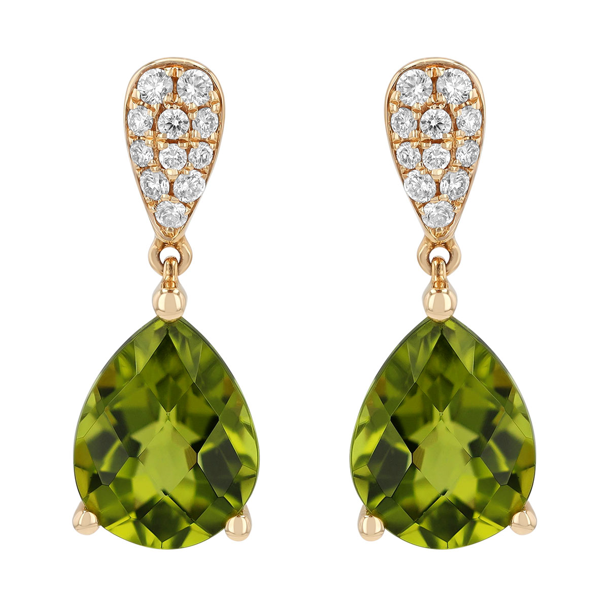 Pear Shape Peridot & Diamond Pavé Dangle Earrings in Yellow Gold