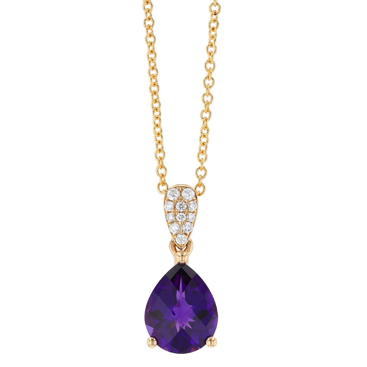 Pear Shape Checkerboard Amethyst & Diamond Pendant in Yellow Gold, 18