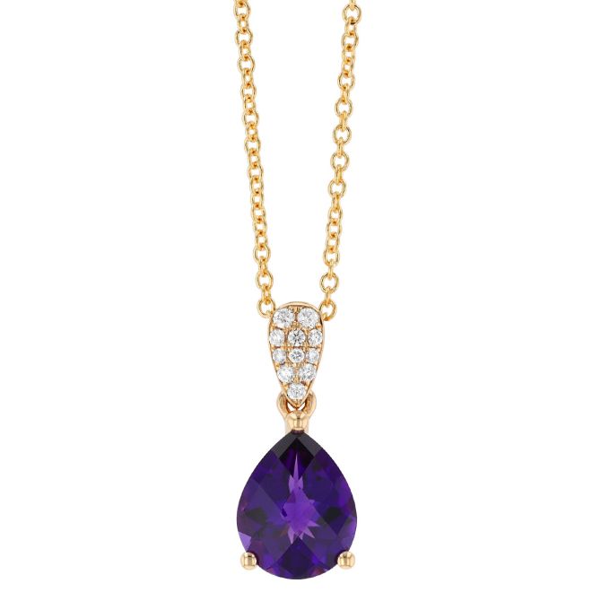 Pear Shape Checkerboard Amethyst & Diamond Pendant in Yellow Gold, 18"