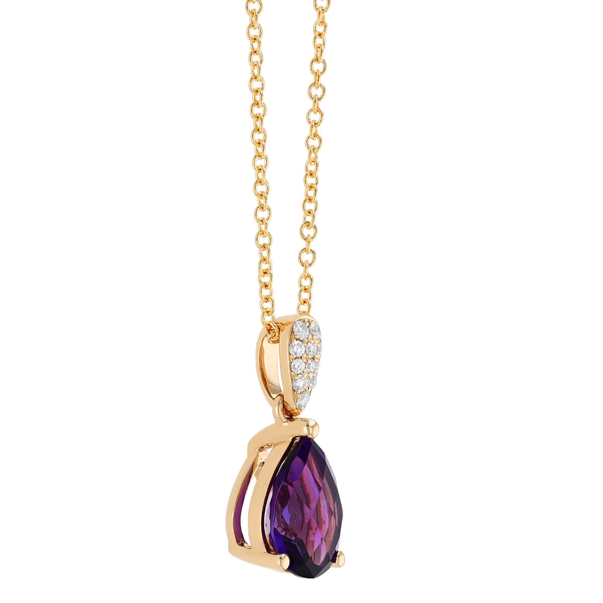 Pear Shape Checkerboard Amethyst & Diamond Pendant in Yellow Gold, 18