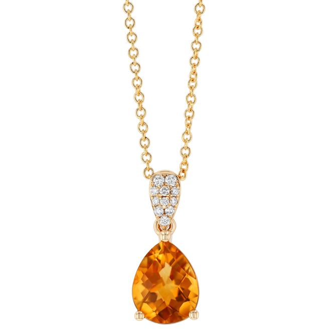 Pear Checkerboard Citrine & Diamond Pendant in Yellow Gold, 18"