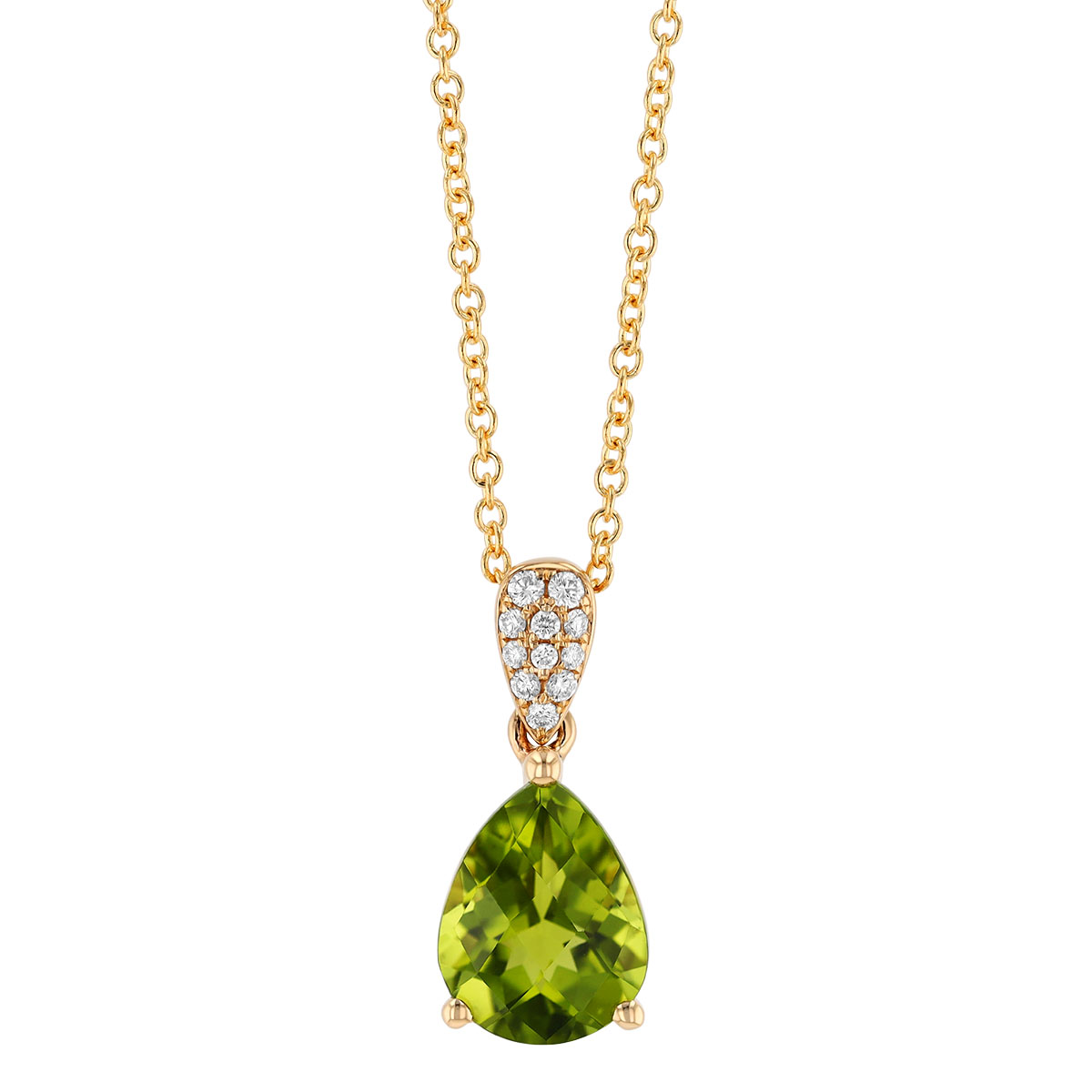 Pear Shape Checkerboard Peridot & Diamond Pendant in Yellow Gold, 18