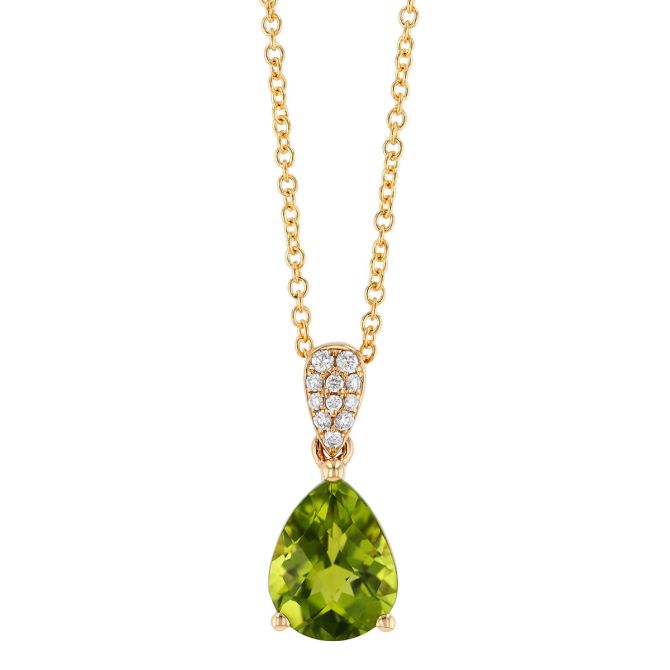 Pear Shape Checkerboard Peridot & Diamond Pendant in Yellow Gold, 18"