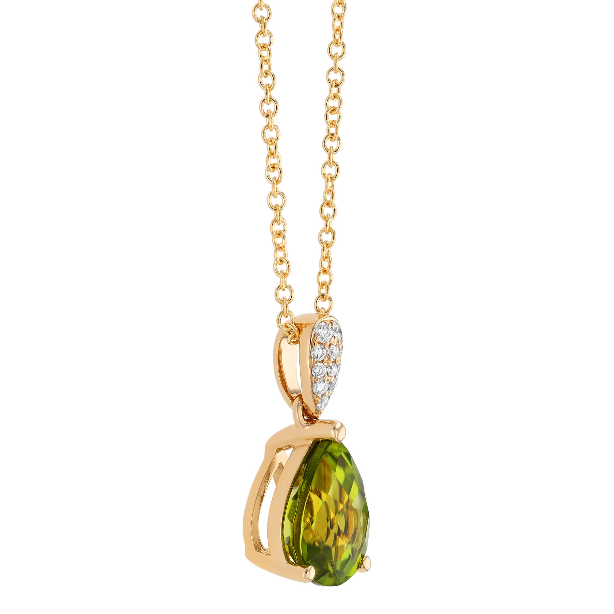 Pear Shape Checkerboard Peridot & Diamond Pendant in Yellow Gold, 18